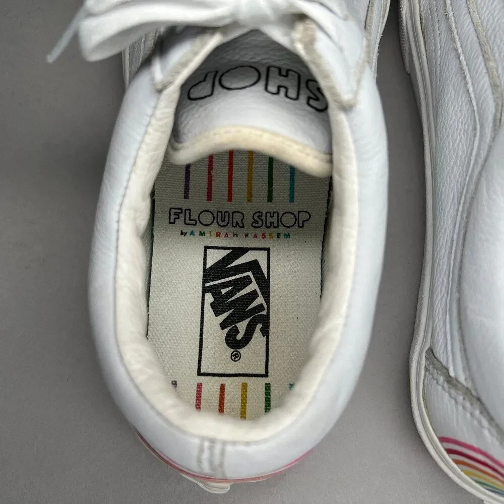 Vans Flour Shop Sneakers Women's Size 10.5 White Leather Old Skool Rainbow Shoes